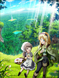  2girls absurdres basket bear bird blonde_hair blue_eyes blush breasts brown_eyes brown_hair bug butterfly cape cayna_(leadale_no_daichi_nite) cloud collarbone dappled_sunlight eating flower food forest grass hairband highres horns key_visual lake leadale_no_daichi_nite long_hair looking_at_another lytt_(leadale_no_daichi_nite) medium_breasts mountainous_horizon multiple_girls nature nervous_sweating official_art on_ground open_mouth promotional_art sandwich shade shadow short_hair sitting sunlight sweat tower tree 