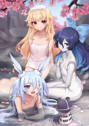  3girls absurdres animal_ears ass bandage_over_one_eye bare_legs bare_shoulders bent_over between_legs blonde_hair blue_bow blue_eyes blue_hair blush bow breasts butt_crack cherry_blossoms commentary completely_nude curly_hair day earrings english_commentary expressionless from_above from_side hair_between_eyes hairbow hand_between_legs highres jewelry little_witch_nobeta long_hair looking_at_viewer looking_to_the_side looking_up lying monica_(little_witch_nobeta) multiple_girls naked_towel nobeta nude official_art on_stomach onsen oopartz_yang outdoors pale_skin partially_submerged rabbit_ears red_eyes same-sex_bathing shared_bathing sharp_teeth single_earring small_breasts smile stuffed_animal stuffed_toy tania_(little_witch_nobeta) teddy_bear teeth towel towel_on_head upper_teeth_only very_long_hair wading 