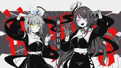  2girls belt black_dress black_hair breasts chaaym chika_(flora_project) cigarette cleavage cross cross_necklace dress flora_project grey_hair habit halo highres holding holding_cigarette jewelry kamippoina_(vocaloid) long_hair looking_at_viewer multicolored_hair multiple_girls necklace nun official_art open_mouth purple_eyes qualia_qu re:act red_hair second-party_source song_name streaked_hair virtual_youtuber white_belt yellow_eyes 