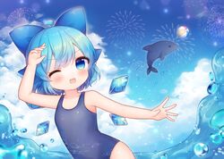  ahoge animal bare_arms bare_shoulders black_one-piece_swimsuit blue_bow blue_eyes blue_hair blush bow cirno coa_(chroo_x) collarbone detached_wings dolphin fairy female hair_between_eyes hairbow ice ice_wings one-piece_swimsuit one_eye_closed open_mouth school_swimsuit short_hair smile solo swimsuit touhou upper_body water wings 