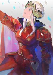  cape edelgard_von_hresvelg female fire_emblem fire_emblem:_three_houses headpiece highres horns kyufe parted_lips petals purple_eyes simple_background solo white_hair 