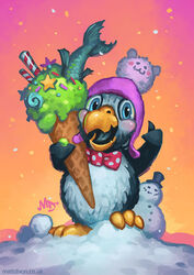  3_toes ambiguous_gender avian avian_feet beak bird black_body black_feathers black_tongue blizzard_entertainment blue_eyes blush bow_tie clothing dessert feathers feet food gradient_background headgear headwear hearthstone holding_food holding_object ice_cream ice_cream_cone looking_at_viewer matt_dixon open_mouth orange_background penguin pink_clothing pink_headwear polka_dots red_background semi-anthro simple_background snow snowflipper_penguin snowing snowman solo standing toes tongue white_body white_feathers yellow_background yellow_beak 