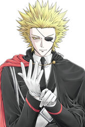  1boy adjusting_clothes adjusting_gloves black_cape black_necktie blonde_hair cape collared_shirt eyepatch gloves highres long_eyelashes looking_at_viewer male_focus naji_0337 necktie one_outs orange_eyes shirt simple_background solo spiked_hair tokuchi_toua twitter_username white_background white_gloves white_shirt 