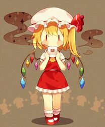  0mzum1 animal animal_ears animal_print ascot bear_print blonde_hair blush_stickers brown_background coffee commentary crystal cup drink drinking female film_grain flandre_scarlet frilled_skirt frills full_body hair_between_eyes hands_up hat hat_ribbon holding holding_cup holding_drink looking_at_viewer mary_janes mob_cap mug multicolored_wings no_mouth no_nose one-hour_drawing_challenge one_side_up print_mug puffy_short_sleeves puffy_sleeves rabbit rabbit_ears red_eyes red_footwear red_ribbon red_skirt red_vest ribbon shadow shirt shoes short_hair short_sleeves skirt skirt_set socks solo sparkle standing steam straight-on touhou vest walking white_hat white_shirt white_socks wings yellow_ascot |_| 