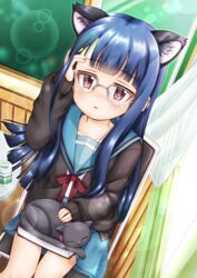  animal animal_ears arm_up bespectacled black_cardigan black_cat blue_hair blue_sailor_collar blue_skirt blush book bow cardigan cat_ears commentary_request curtains day feline female glasses grey-framed_eyewear highres idolmaster idolmaster_cinderella_girls idolmaster_cinderella_girls_starlight_stage indoors kita_high_school_uniform long_sleeves looking_at_viewer neck_ribbon on_chair on_lap open_cardigan open_clothes over-rim_eyewear parted_lips pero_(idolmaster_cinderella_girls) red_bow red_eyes red_ribbon regular_mow ribbon sailor_collar sajo_yukimi school_uniform semi-rimless_eyewear serafuku shirt sitting skirt sleeves_past_wrists solo sunlight suzumiya_haruhi_no_yuuutsu transparent white_shirt window winter_uniform 