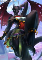  activision anthro blue_eyes breasts broken_chain chains claws clothing collar corrupt_cynder cynder dancing detailed_background dragon exotic_dancer female hi_res horn jewelry looking_at_viewer membrane_(anatomy) membranous_wings momobeda mythological_creature mythological_scalie mythology scalie small_breasts smile solo spyro_the_dragon tail wings 