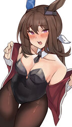  absurdres admire_vega_(umamusume) alternate_costume animal_ears bare_shoulders black_leotard black_necktie black_pantyhose blush breasts cleavage commentary cowboy_shot detached_collar ear_covers female highres horse_ears horse_girl jacket leotard long_hair looking_at_viewer medium_breasts necktie nontraditional_playboy_bunny open_mouth pantyhose pirukusu purple_eyes red_jacket removing_jacket single_ear_cover solo tracen_training_uniform track_jacket umamusume 