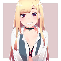  absurdres black_collar blonde_hair blush bra breasts breasts_squeezed_together choker cleavage collar collarbone collared_shirt ear_piercing earrings female gradient_hair grin hayashi_custom highres jewelry kitagawa_marin lace-trimmed_bra lace_trim long_hair looking_at_viewer medium_breasts multicolored_hair open_clothes open_shirt piercing red_eyes red_hair shirt smile solo sono_bisque_doll_wa_koi_wo_suru swept_bangs underwear white_shirt 