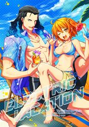  1boy ahoge alternate_costume bad_id bad_pixiv_id bare_pectorals bikini bikini_top_only black_hair blue_eyes blue_hair blush breasts cloud cloudy_sky collarbone cover cover_page cup fate/grand_order fate_(series) female flower flower_in_drink fujimaru_ritsuka_(female) glass gradient_hair hair_between_eyes hair_ornament hair_scrunchie hair_slicked_back holding holding_cup long_hair looking_at_viewer medium_breasts mepo_(raven0) multicolored_hair necktie nikola_tesla_(fate) one_eye_closed open_clothes open_mouth open_shirt orange_eyes orange_hair pectorals scrunchie shirt short_hair shorts side_ponytail sitting sky smile summer sunglasses swimsuit toned toned_male 