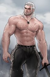  1boy abs arm_hair bara beard bulge chest_hair commentary dopey_(dopq) facial_hair feet_out_of_frame geralt_of_rivia highres holding holding_weapon jewelry large_pectorals male_focus mature_male medium_hair moustache muscular muscular_male navel necklace nipples old old_man original pants pectorals scar scar_across_eye scar_on_arm scar_on_chest scar_on_face solo stomach symbol-only_commentary the_witcher_(series) thick_eyebrows thick_thighs thighs tight_clothes tight_pants topless_male walking weapon white_hair witcher_medallion 