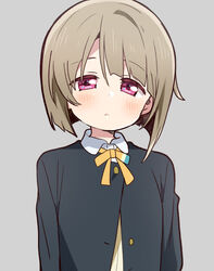  black_jacket blush bow bowtie breasts chestnut_mouth commentary_request female grey_background jacket light_brown_hair long_sleeves looking_at_viewer love_live! love_live!_nijigasaki_high_school_idol_club mezashi_(mezamashi_set) nakasu_kasumi nijigasaki_school_uniform pink_eyes sad school_uniform shirt short_hair small_breasts solo white_shirt wing_collar yellow_bow yellow_bowtie 