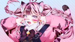  animal_(vocaloid) animal_ear_fluff animal_ears bad_id bad_pixiv_id bandaid bandaid_on_face bandaid_on_nose braid brown_hair cat_ears claw_pose facepaint female floating_hair highres indie_virtual_youtuber kemonomimi_mode long_hair looking_at_viewer mole mole_under_eye multicolored_hair oerba_yun_fang open_hands overalls pink_hair pink_sweater purple_eyes skin_fang sleeves_past_wrists solo streaked_hair sweater twin_braids virtual_youtuber xoco xoco_(vtuber) 