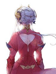  back_cutout clothing_cutout commentary edelgard_von_hresvelg female fire_emblem fire_emblem:_three_houses from_behind horns robaco simple_background solo twitter_username upper_body white_background white_hair 