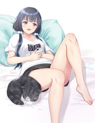  :d animal artist_name barefoot bed_sheet black_hair black_shorts blunt_bangs breasts cellphone collarbone feet feline female hair_bobbles hair_ornament hair_over_shoulder hands_up highres holding holding_phone knees_up long_hair looking_at_viewer lying on_back open_mouth original phone pillow print_shirt purple_eyes shirt short_shorts short_sleeves shorts signature skyrail small_breasts smartphone smile solo twintails 