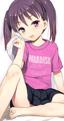  barefoot blush clothes_writing convenient_leg english_text female holding holding_clothes holding_panties holding_underwear jiji_(aardvark) looking_at_viewer open_mouth original panties panties_removed pink_eyes pleated_skirt purple_hair shirt simple_background sitting skirt smile solo t-shirt toes twintails underwear 