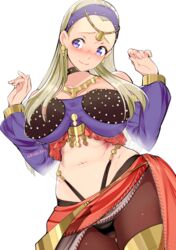  black_choker blonde_hair blush breasts choker cleavage dancer&#039;s_costume_(dq) detached_sleeves dragon_quest dragon_quest_xi earrings female headband highres jewelry koda1ra large_breasts long_hair navel official_alternate_costume pantyhose purple_eyes sash senya_(dq11) simple_background smile solo stomach thong 