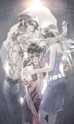  2boys belt black_hair brown_hair commentary demi-fiend denim denim_dress female full-body_tattoo highres injury light_smile long_hair looking_at_viewer multiple_boys nitta_isamu ryokuyuu shin_megami_tensei shin_megami_tensei_iii:_nocturne short_hair tachibana_chiaki_(megami_tensei) tattoo topless_male yellow_eyes 