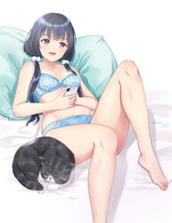  :d animal artist_name barefoot bed_sheet black_hair blue_bra blue_panties blunt_bangs bow bow_bra bow_panties bra breasts cellphone collarbone feet feline female hair_bobbles hair_ornament hair_over_shoulder hands_up highres holding holding_phone knees_up long_hair looking_at_viewer open_mouth original panties phone pillow purple_eyes signature skyrail small_breasts smartphone smile solo twintails underwear underwear_only 