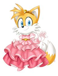  2023 anthro blue_eyes canid canine clothed clothing crossdressing dress footwear fox gloves handwear hi_res jens_drawings_(artist) looking_at_viewer male mammal pink_clothing pink_dress sega signature simple_background solo sonic_the_hedgehog_(series) tails 