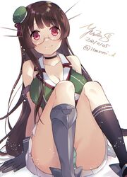  bad_id bad_twitter_id beret black_gloves black_hair black_socks choukai_(kancolle) choukai_kai_ni_(kancolle) crop_top dated female glasses gloves green_hat green_panties hair_ornament hat headgear kantai_collection kneehighs long_hair one-hour_drawing_challenge panties pleated_skirt red_eyes rimless_eyewear saiki_yuzuri shirt signature simple_background sitting skirt sleeveless sleeveless_shirt smile socks solo twitter_username underwear white_background 