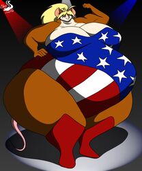  5:6 absurd_res american_flag anthro artist_logo blonde_hair blue_eyes breasts brown_body chrisandcompany cleavage clothed clothing digital_media_(artwork) female flexing footwear full-length_portrait hair hi_res huge_thighs leotard logo mammal mouse multicolored_body murid murine overweight overweight_anthro overweight_female pink_nose pink_tail portrait red_clothing red_footwear rodent signature solo standing tail thick_thighs two_tone_body united_states_of_america white_body wide_hips 