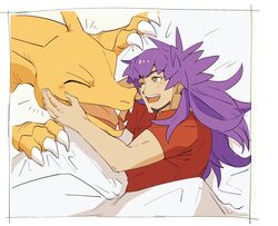  1boy ;d alternate_costume bed_sheet border bright_pupils charizard dark-skinned_male dark_skin facial_hair from_above highres leon_(pokemon) long_hair lying male_focus morio_(poke_orio) on_side one_eye_closed open_mouth pokemon pokemon_(creature) pokemon_swsh purple_hair red_shirt shirt short_sleeves smile teeth tongue under_covers upper_teeth_only white_border white_pupils 