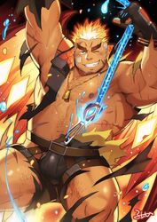  1boy arm_hair armpits arms_up bandaid bandaid_on_cheek bandaid_on_face bara belt black_gloves blonde_hair blush bulge chest_hair clothes_lift collared_jacket commentary_request cowboy_shot dark-skinned_male dark_skin dog_tags embers facial_hair fai_(fai-storage) fire gloves gradient_hair grin highres holding holding_rope jacket leg_hair male_focus mature_male multicolored_hair muscular muscular_male navel_hair nipples one_eye_closed orange_hair pants pectorals plump red_eyes red_wings rope scar scar_on_arm scar_on_cheek scar_on_face scar_on_forehead scar_on_leg scar_on_stomach short_hair sideburns signature smile solo sweat thick_eyebrows thick_thighs thighs tokyo_afterschool_summoners torn_clothes torn_jacket torn_pants ulaanbaatar_(housamo) undercut v-shaped_eyebrows water wings 