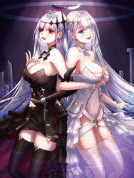  2girls absurdly_long_hair azur_lane back-to-back bare_shoulders black_dress black_thighhighs black_vs_white blue_eyes blue_gemstone breasts cleavage contrast dress dual_persona earrings emden_(azur_lane) flower flower_over_eye from_side gem hair_ornament highres jewelry large_breasts lock locked_arms long_hair multiple_girls padlock padlocked_collar red_eyes red_flower red_gemstone red_rose rose showgirl_skirt thighhighs very_long_hair white_dress white_flower white_hair white_rose white_thighhighs yakou_kurage 