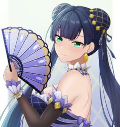  bare_shoulders bellona_(epic_seven) blue_hair breasts cesvelox closed_mouth commentary detached_sleeves double_bun ear_piercing epic_seven expressionless female forehead green_eyes hair_bun hair_ornament hair_ribbon hand_fan holding large_breasts long_hair piercing purple_nails ribbon sideboob simple_background solo twintails upper_body 