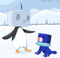  bird commentary eiscue eiscue_(ice) english_commentary full_body highres no_humans penguin pokemon pokemon_(creature) popplio signature sleepy_sealion snow standing 