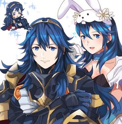  alternate_costume animal_ears armor blue_eyes blue_hair choker closed_mouth female fire_emblem fire_emblem_awakening fire_emblem_heroes gloves long_hair looking_at_viewer lucina_(fire_emblem) lucina_(glorious_archer)_(fire_emblem) lucina_(spring)_(fire_emblem) multiple_views official_alternate_costume open_mouth rabbit_ears rem_(eyes_410) simple_background smile upper_body white_gloves 