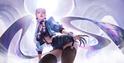  absurdres backlighting black_panties black_skirt black_thighhighs blue_jacket breasts chinese_commentary claws commentary_request cropped_jacket earrings evelynn_(league_of_legends) female garter_straps highres jacket jewelry k/da_all_out_evelynn league_of_legends light_purple_hair lipstick long_hair looking_at_viewer looking_down makeup medium_breasts panties pantyshot parted_lips photoshop_(medium) puffy_sleeves purple_lips ruanhan skirt solo thighhighs thighs underwear yellow_eyes 