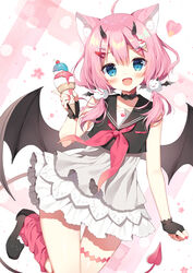  :d ahoge animal_ears bat_wings black_choker black_footwear black_gloves black_horns black_sailor_collar blue_eyes bridal_garter cat_ears choker commentary_request commission demon_girl demon_horns demon_tail female fingerless_gloves food gloves hair_ornament hairclip heart highres holding holding_food horns ice_cream indie_virtual_youtuber looking_at_viewer low_twintails mauve medium_hair neckerchief open_mouth pink_hair pixiv_commission red_neckerchief sailor_collar sakurada_hane shoes skirt sleeveless smile socks solo tail twintails virtual_youtuber white_skirt wings 