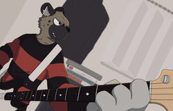  2021 4_fingers aggretsuko alternative_fashion anthro bass_guitar bent_arm black_bottomwear black_clothing black_ears black_nose black_pants bottomwear brown_body brown_face brown_fur brown_neck clothing curtains digital_media_(artwork) emo eyebrows fingers fur furniture grey_body grey_fur grey_hands grey_inner_ear_fluff guitar haida_(aggretsuko) half-closed_eyes hi_res holding_object hyena inner_ear_fluff long_sleeves looking_at_object male mammal markings mouth_closed multicolored_clothing multicolored_shirt multicolored_topwear musical_instrument narrowed_eyes oonekoh pants pattern_clothing pattern_shirt pattern_topwear plucked_string_instrument red_clothing red_shirt red_topwear sanrio shaded shirt snout solo spots spotted_hyena spotted_markings standing straps string_instrument striped_clothing striped_shirt striped_topwear stripes teeth three-quarter_view topwear tuft wall_(structure) window_sill 