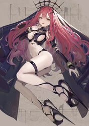  absurdres ass baobhan_sith_(fate) baobhan_sith_(second_ascension)_(fate) bare_shoulders black_panties bracelet breasts bridal_gauntlets detached_sleeves earrings fate/grand_order fate_(series) female grey_eyes highres jewelry large_breasts legs long_hair looking_at_viewer navel open_mouth panties pink_hair pointy_ears revealing_clothes sidelocks smile solo sunga2usagi thigh_strap tiara underwear veil 