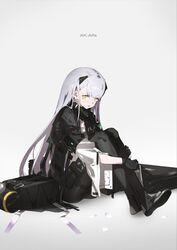  ak-alfa_(girls&#039;_frontline) bag black_gloves black_legwear character_name female full_body girls&#039;_frontline gloves grey_background headgear highres hugging_own_legs long_hair neco open_mouth orange_hair pouch simple_background sitting solo white_hair 