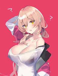  ? bra bra_strap breasts cleavage female hair_between_eyes harenchi highres jacket large_breasts long_hair nijisanji nui_sociere nui_sociere_(2nd_costume) oerba_yun_fang off-shoulder_shirt off_shoulder pink_background see-through shirt simple_background skin_fang solo underwear virtual_youtuber yellow_eyes 