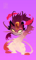  blank_eyes cat_focus claws commentary creature english_commentary evil_grin evil_smile feline full_body gen_1_pokemon gigantamax gigantamax_meowth grin highres looking_at_viewer meowth no_humans pokemon pokemon_(creature) purple_background simple_background smile solo standing stasya-sher yellow_eyes 