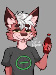  3:4 anthro beverage canid canine dr_pepper female fox freckles fur fur_markings hair holding_object inner_ear_fluff looking_at_viewer mammal markings pink_body pink_fur red_body red_fox red_fur soda soda_bottle solo tao_(taoreta) taoreta true_fox tuft type_o_negative white_hair 