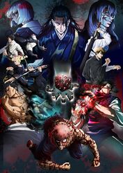  3girls 6+boys aura bad_id bad_twitter_id biceps black_hair blonde_hair blood blood_on_clothes blood_on_face blue_kimono choso_(jujutsu_kaisen) daisx_(dais0115) dark evil_smile extra_eyes fighting_stance getou_suguru highres holding holding_sword holding_weapon itadori_yuuji japanese_clothes jujutsu_kaisen kimono kusakabe_atsuya long_hair mahito_(jujutsu_kaisen) male_focus miwa_kasumi multiple_boys multiple_girls muscular muscular_male nishimiya_momo official_style okkotsu_yuuta old old_man open_hand panda_(jujutsu_kaisen) pink_hair short_hair smile stitches sword toned toned_male toudou_aoi_(jujutsu_kaisen) uraume_(jujutsu_kaisen) weapon zen&#039;in_naoya 