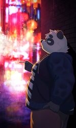  2022 anthro bear belly big_belly black_body black_nose clothing giant_panda hi_res hisashiyo_0705 hoodie humanoid_hands kemono male mammal night outside overweight overweight_male sasayama_akira shirt smoking solo topwear vtuber white_body 