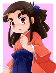  appare-ranman! blue_bow bow brown_hair chestnut_mouth female hairbow hakama hakama_skirt isshiki_fumi japanese_clothes lolicon medium_hair photoshop_(medium) pink_background red_eyes shishinon sidelocks skirt solo standing thick_eyebrows 