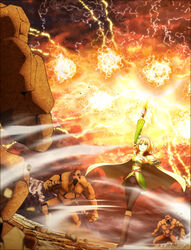  absurdres arm_up battle blonde_hair blue_eyes boots breasts cape cayna_(leadale_no_daichi_nite) cloud dagger electricity female fighting_stance glowing glowing_eyes golem hair_ornament hairband highres holding holding_dagger holding_knife holding_weapon key_visual knee_boots knife leadale_no_daichi_nite long_sleeves magic medium_breasts monster official_art pants promotional_art red_sky rock short_hair sky weapon wind 