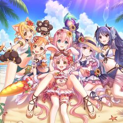  6+girls album_cover animal_ear_fluff animal_ears animal_hands animal_hat ankle_lace-up anklet armlet bare_shoulders beach bell belt bikini bikini_skirt blonde_hair blue_eyes blue_sky blush bow bow_bikini bracelet braid breasts brown_eyes capelet cat_ears cat_girl cat_paws cat_tail choker cleavage cloud cloudy_sky collarbone cover cross-laced_footwear curled_horns day demon_horns dress elf fake_animal_ears fingerless_gloves flat_chest flip-flops flower flower_choker frilled_bikini frills gloves goggles goggles_on_headwear hair_between_eyes hair_flower hair_ornament hairband hairbow hairclip halterneck hat hat_bow hat_flower hibiscus highres hiyori_(princess_connect!) hiyori_(summer)_(princess_connect!) holding horizon horns jewelry kyoka_(princess_connect!) kyoka_(summer)_(princess_connect!) leaf lens_flare long_hair looking_at_viewer medium_breasts midriff mimi_(princess_connect!) mimi_(summer)_(princess_connect!) misogi_(princess_connect!) misogi_(summer)_(princess_connect!) multiple_girls navel neck_bell necklace ocean off-shoulder_bikini off_shoulder official_art open_mouth orange_hair outdoors palm_leaf parted_bangs paw_gloves pink_hair plant pleated_skirt pointy_ears ponytail princess_connect! purple_bow purple_hair rabbit_ears rabbit_girl rabbit_hat red_flower rei_(princess_connect!) rei_(summer)_(princess_connect!) revealing_clothes sand sandals sarong seashell shell shoes shore short_hair short_twintails side_ponytail sidelocks sitting skirt sky small_breasts smile star_(symbol) starfish straw_hat summer sun_hat sunflower sunflower_hair_ornament sunlight swimsuit tail tail_ornament thigh_strap toes twintails underboob very_long_hair water white_flower yellow_eyes yellow_flower yui_(princess_connect!) yui_(summer)_(princess_connect!) 