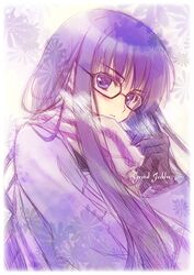  black_gloves black_hair blush character_name commentary_request expressionless female glasses gloves gretel_jeckeln long_hair looking_at_viewer mimizuku_auru muv-luv muv-luv_alternative purple_eyes scarf schwarzesmarken snowflake_print solo striped_clothes striped_scarf upper_body 