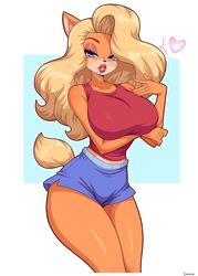  absurdres arm_under_breasts blonde_hair blue_eyes blue_shorts crash_(series) female furry furry_female heart highres long_hair looking_at_viewer red_lips red_shirt shirt short_shorts shorts simmsy simple_background sleeveless solo tail tawna_bandicoot 