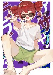  absurdres barefoot closed_eyes drill_hair facing_viewer female green_shorts hair_between_eyes highres kasane_teto liar_dancer_(synthesizer_v) nail_polish open_mouth red_hair red_nails shirt short_shorts short_sleeves shorts sitting solo sweat twin_drills utau v white_shirt xi_wu 