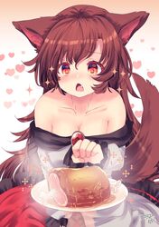  +_+ animal_ears blush boned_meat breasts brooch brown_hair cleavage commentary_request cowboy_shot dress female food frilled_dress frilled_sleeves frills heart highres hungry imaizumi_kagerou jewelry kemo_chiharu large_breasts long_hair long_sleeves looking_at_food meat medium_bangs oerba_yun_fang off-shoulder_dress off_shoulder open_mouth plate red_brooch signature solo sparkle tail touhou white_dress wolf_ears wolf_girl wolf_tail 