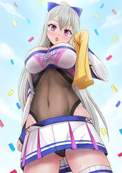  :o ass_visible_through_thighs azur_lane blue_sky blue_thighhighs blush bow breasts casablanca_(azur_lane) casablanca_(cheer_squad_on_break)_(azur_lane) cheerleader cleavage clothing_cutout cloud commentary_request confetti covered_navel cowboy_shot crop_top day drying female from_below grey_hair grey_leotard groin hair_between_eyes hairbow hand_up highres holding holding_towel large_breasts leotard leotard_under_clothes long_hair long_sleeves looking_at_viewer miniskirt official_alternate_costume open_mouth pleated_skirt purple_eyes ribbed_legwear sai-go shirt sidelocks skindentation skirt sky solo standing sweat thighhighs towel two-tone_skirt wet wet_clothes wet_shirt white_shirt white_skirt zettai_ryouiki 