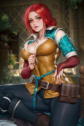  belt belt_pouch black_pants blurry blurry_background breasts bridal_gauntlets brown_belt brown_vest cleavage english_commentary female freckles green_eyes highres jewelry mixed-language_commentary necklace neoartcore paid_reward_available pants patreon_username plant pouch red_hair shirt solo thai_commentary the_witcher_(series) the_witcher_3 triss_merigold vest watermark white_shirt 